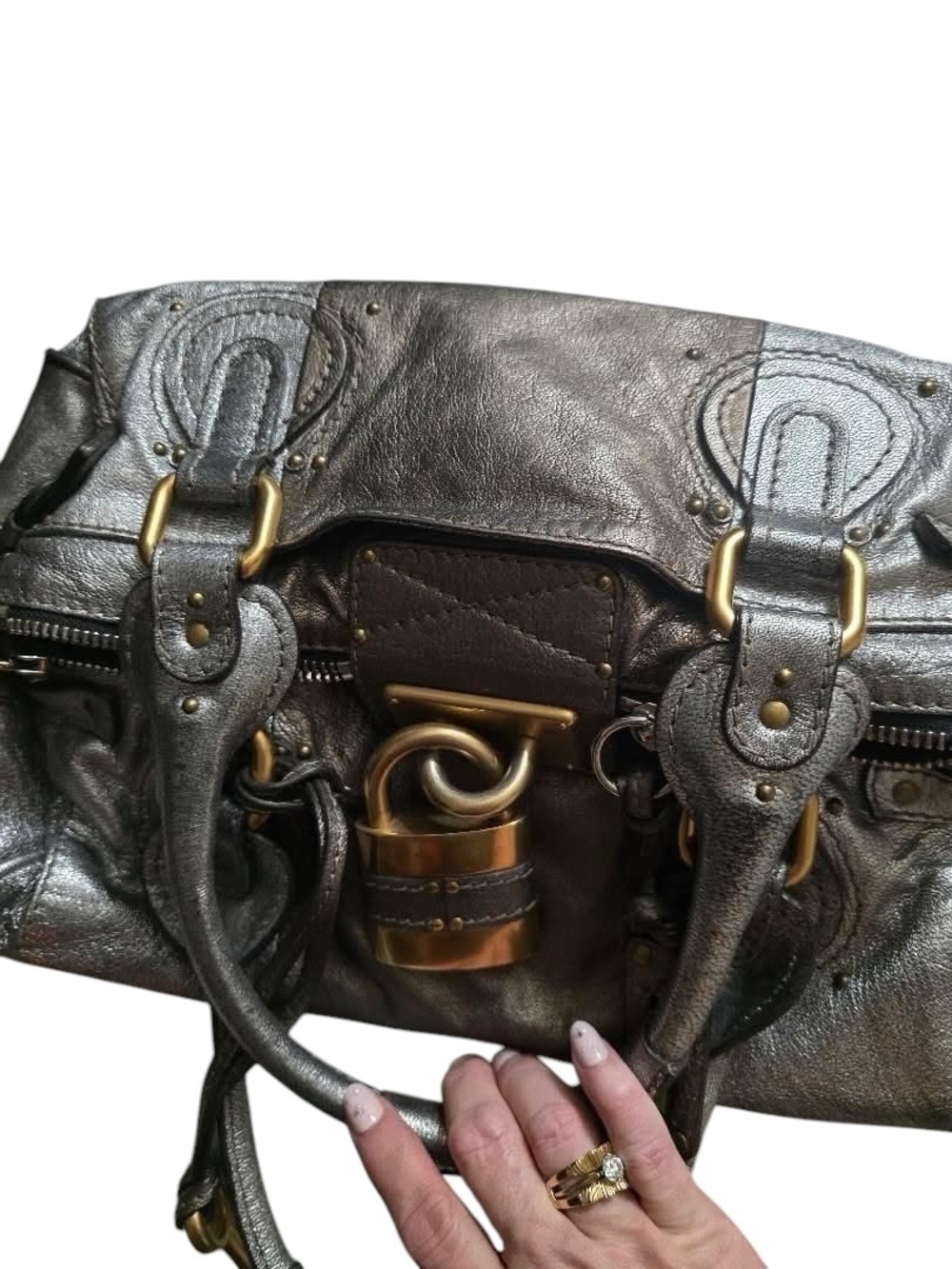 Auth RARE Chloe Paddington Two-Tone Metallic Silver gunmetal Leather Satchel COA - Picture 4 of 11